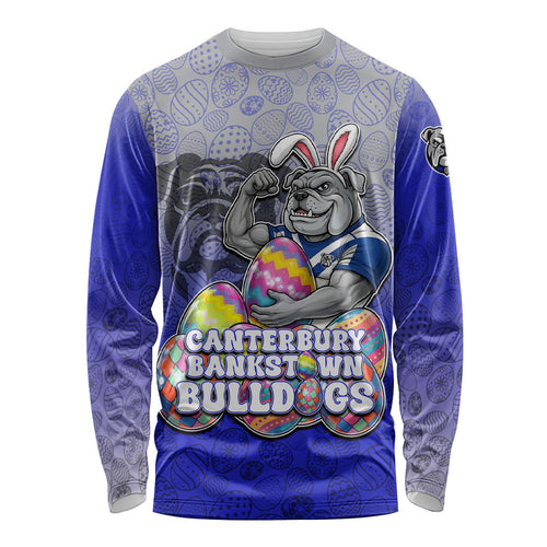 Personalized Canterbury-Bankstown Bulldogs Long Sleeve Shirt Easter Mascot - Colorful Eggs Cartoon Style
