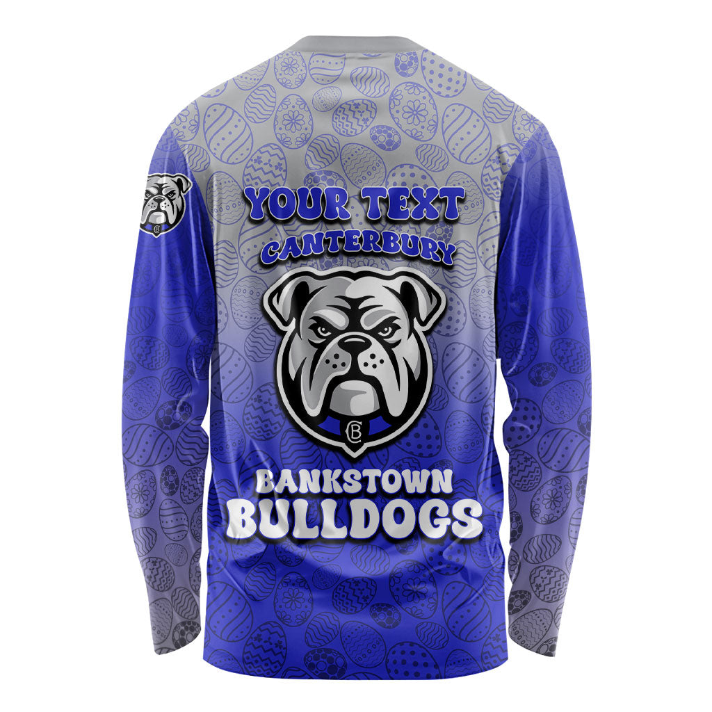 Personalized Canterbury-Bankstown Bulldogs Long Sleeve Shirt Easter Mascot - Colorful Eggs Cartoon Style