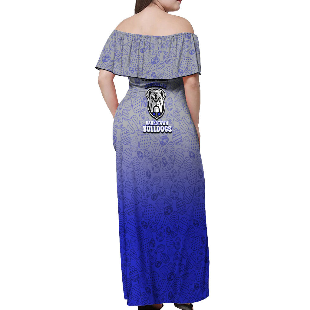 Personalized Canterbury-Bankstown Bulldogs Off Shoulder Maxi Dress Easter Mascot - Colorful Eggs Cartoon Style