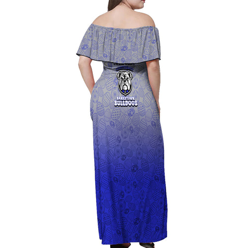 Personalized Canterbury-Bankstown Bulldogs Off Shoulder Maxi Dress Easter Mascot - Colorful Eggs Cartoon Style