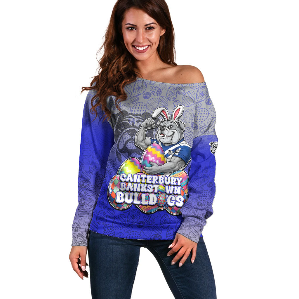 Personalized Canterbury-Bankstown Bulldogs Off Shoulder Sweater Easter Mascot - Colorful Eggs Cartoon Style