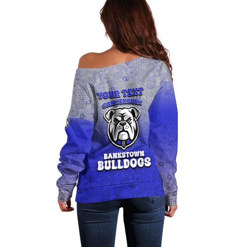 Personalized Canterbury-Bankstown Bulldogs Off Shoulder Sweater Easter Mascot - Colorful Eggs Cartoon Style