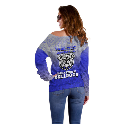 Personalized Canterbury-Bankstown Bulldogs Off Shoulder Sweater Easter Mascot - Colorful Eggs Cartoon Style