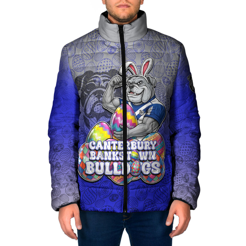 Personalized Canterbury-Bankstown Bulldogs Padded Jacket Easter Mascot - Colorful Eggs Cartoon Style