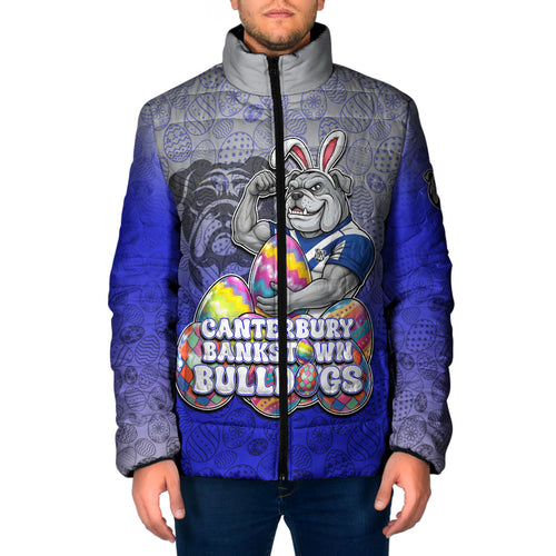 Personalized Canterbury-Bankstown Bulldogs Padded Jacket Easter Mascot - Colorful Eggs Cartoon Style