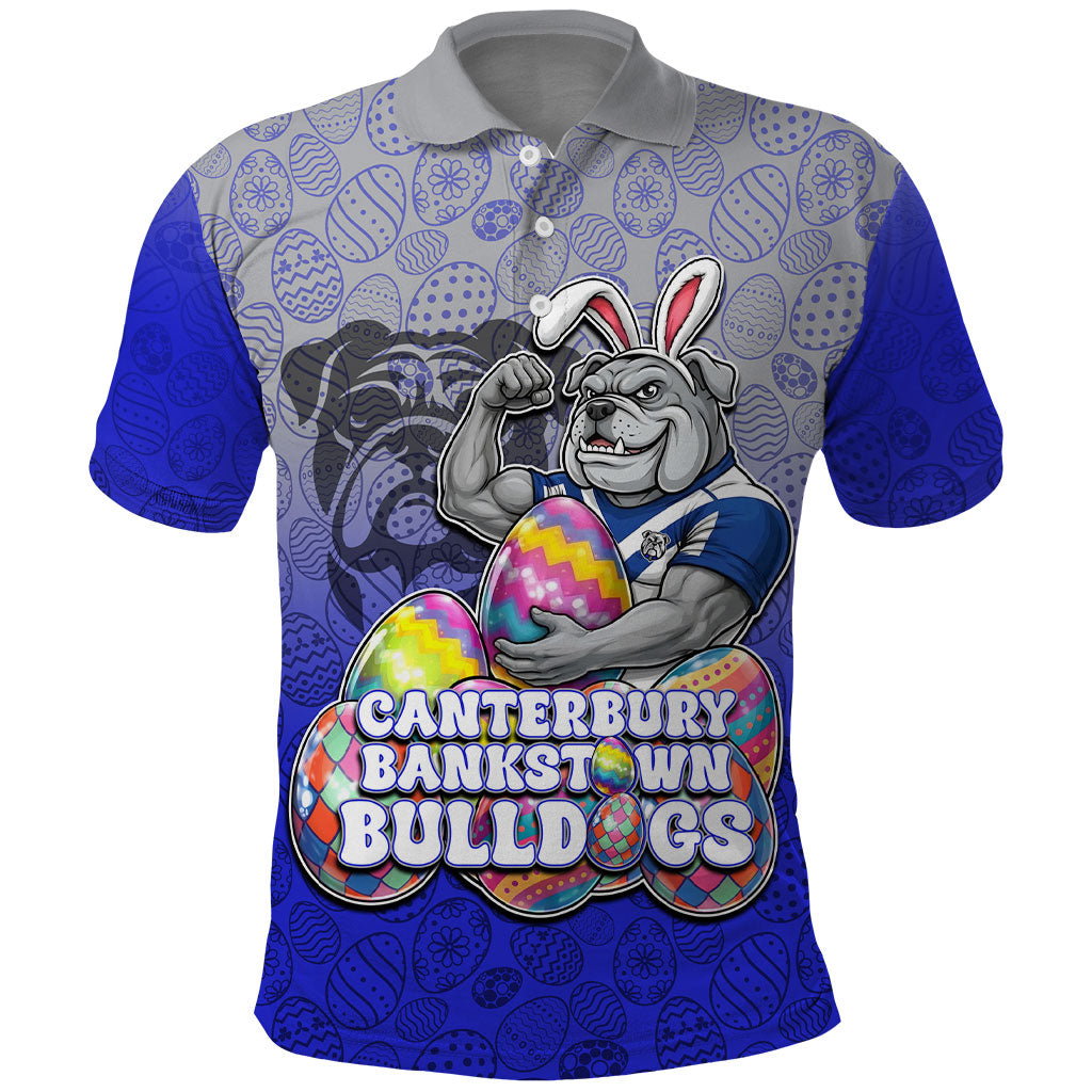 Personalized Canterbury-Bankstown Bulldogs Polo Shirt Easter Mascot - Colorful Eggs Cartoon Style