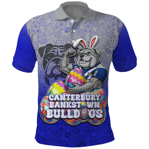 Personalized Canterbury-Bankstown Bulldogs Polo Shirt Easter Mascot - Colorful Eggs Cartoon Style