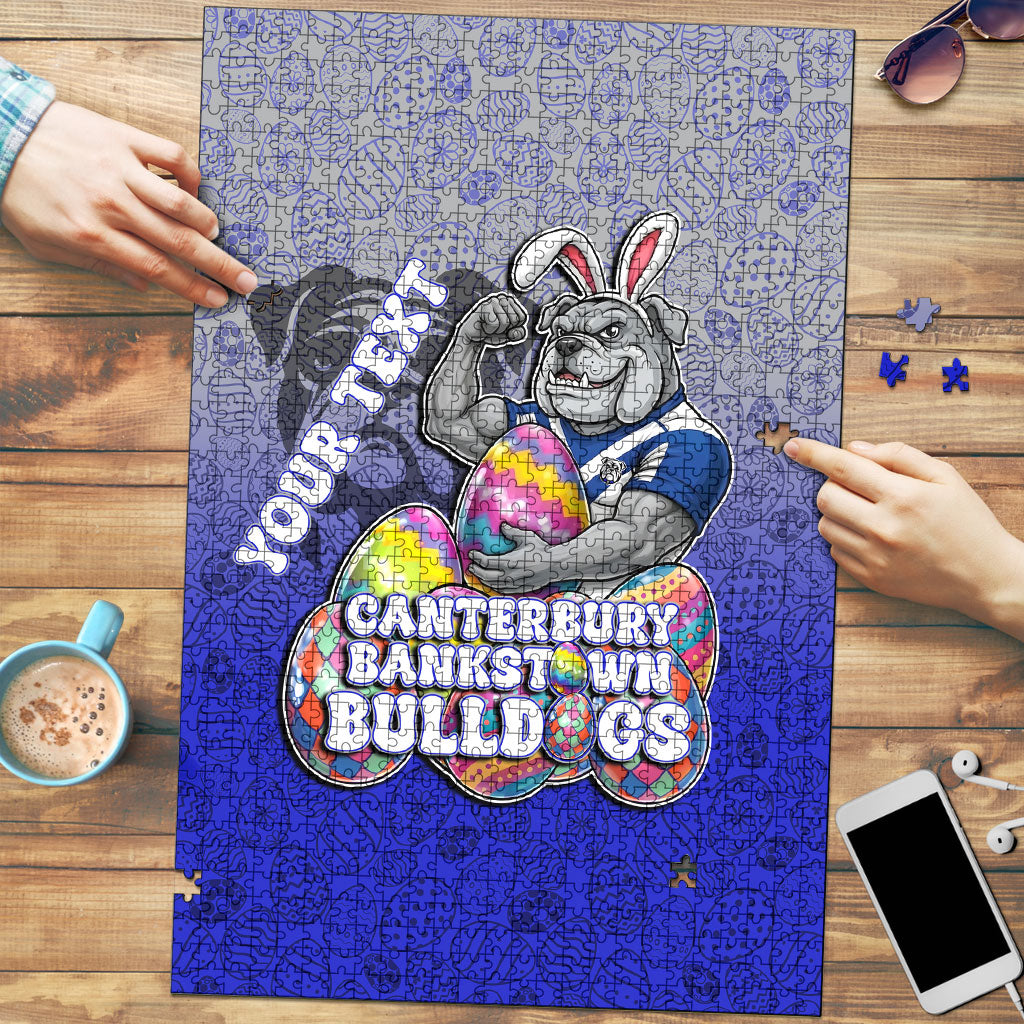 Personalized Canterbury-Bankstown Bulldogs Puzzle Easter Mascot - Colorful Eggs Cartoon Style