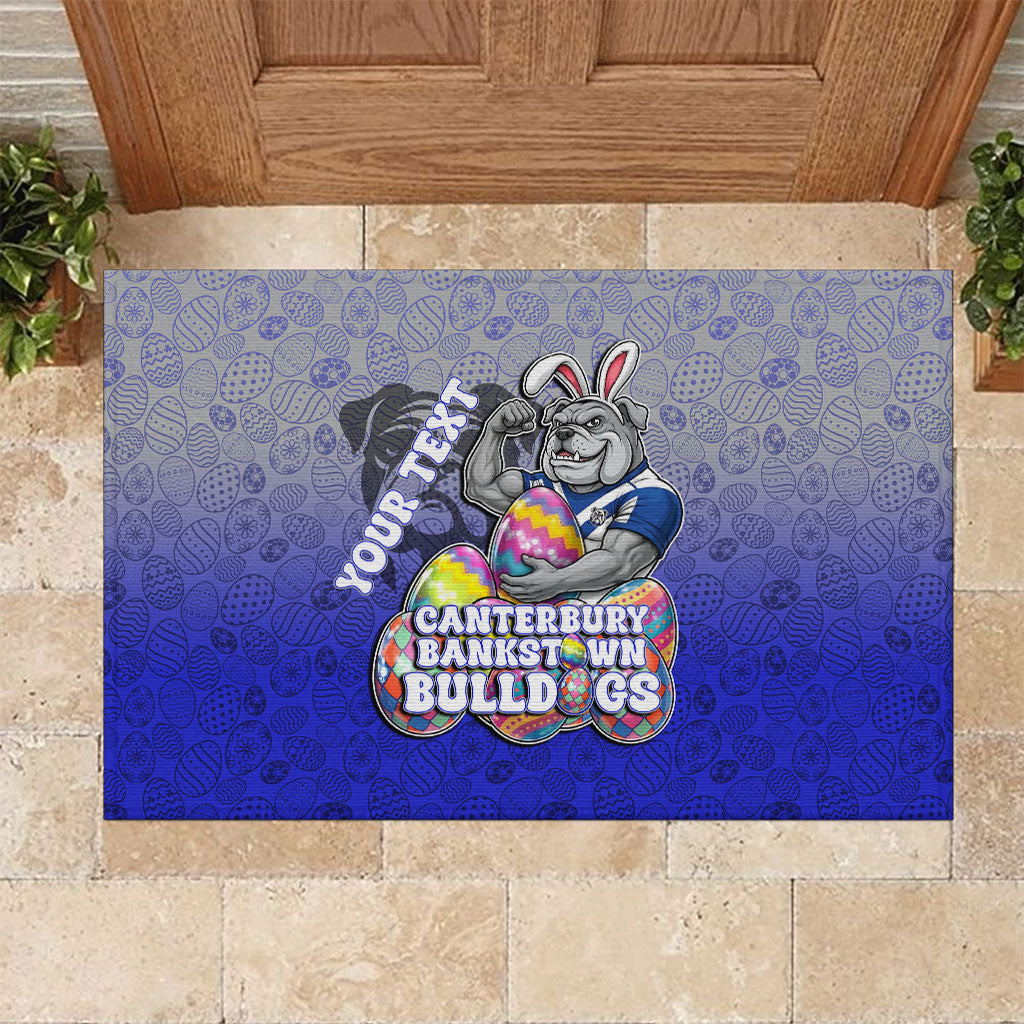 Personalized Canterbury-Bankstown Bulldogs Rubber Doormat Easter Mascot - Colorful Eggs Cartoon Style