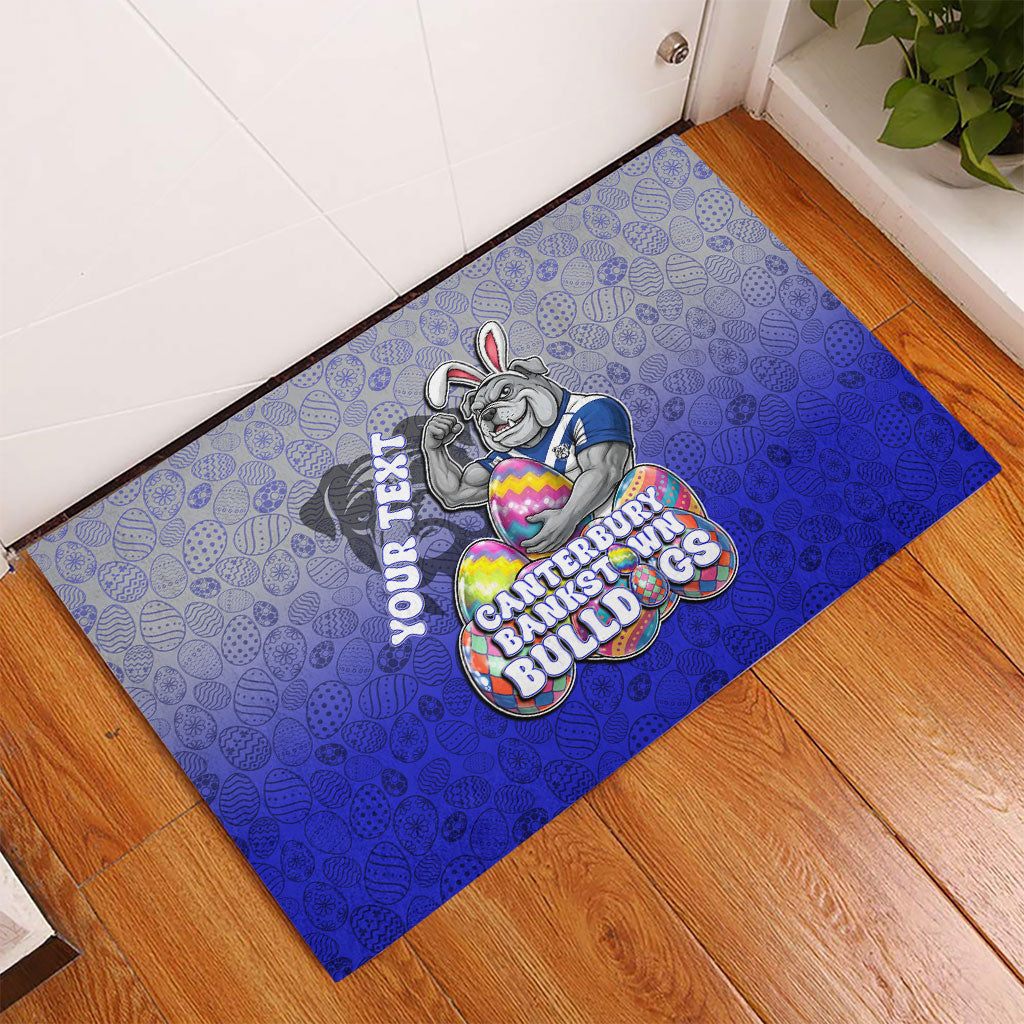 Personalized Canterbury-Bankstown Bulldogs Rubber Doormat Easter Mascot - Colorful Eggs Cartoon Style