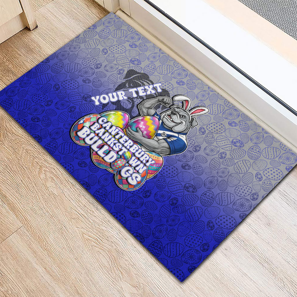 Personalized Canterbury-Bankstown Bulldogs Rubber Doormat Easter Mascot - Colorful Eggs Cartoon Style