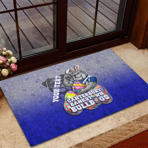 Personalized Canterbury-Bankstown Bulldogs Rubber Doormat Easter Mascot - Colorful Eggs Cartoon Style