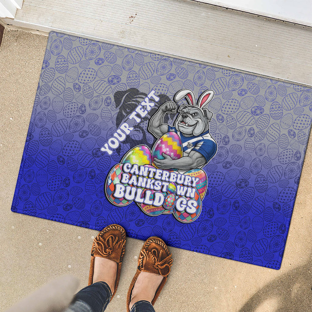 Personalized Canterbury-Bankstown Bulldogs Rubber Doormat Easter Mascot - Colorful Eggs Cartoon Style