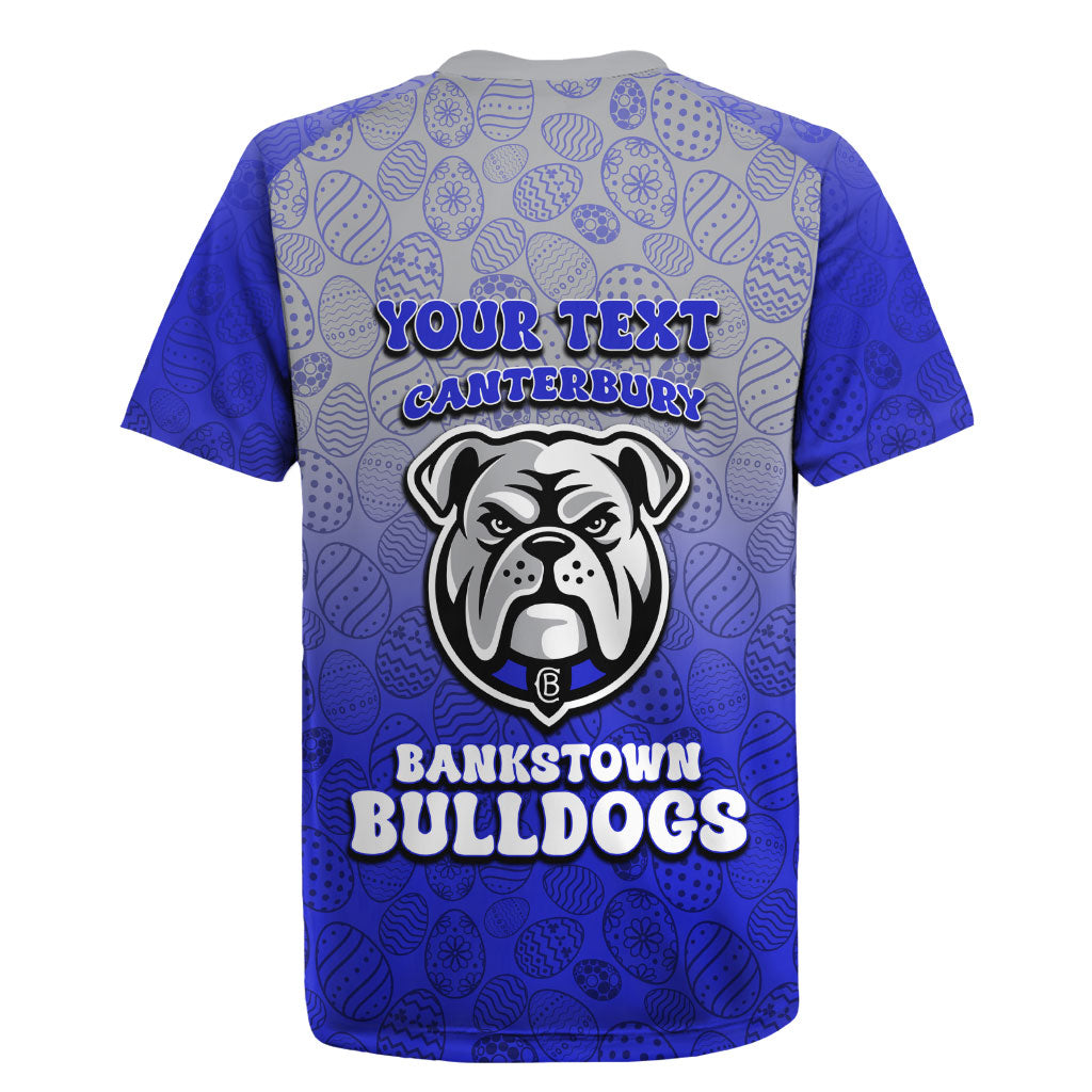 Personalized Canterbury-Bankstown Bulldogs Rugby Jersey Easter Mascot - Colorful Eggs Cartoon Style