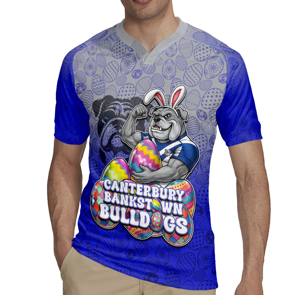 Personalized Canterbury-Bankstown Bulldogs Rugby Jersey Easter Mascot - Colorful Eggs Cartoon Style