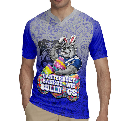 Personalized Canterbury-Bankstown Bulldogs Rugby Jersey Easter Mascot - Colorful Eggs Cartoon Style