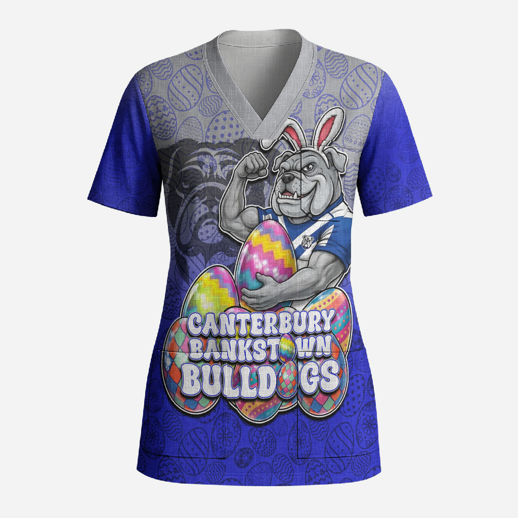 Personalized Canterbury-Bankstown Bulldogs Scrub Top Easter Mascot - Colorful Eggs Cartoon Style