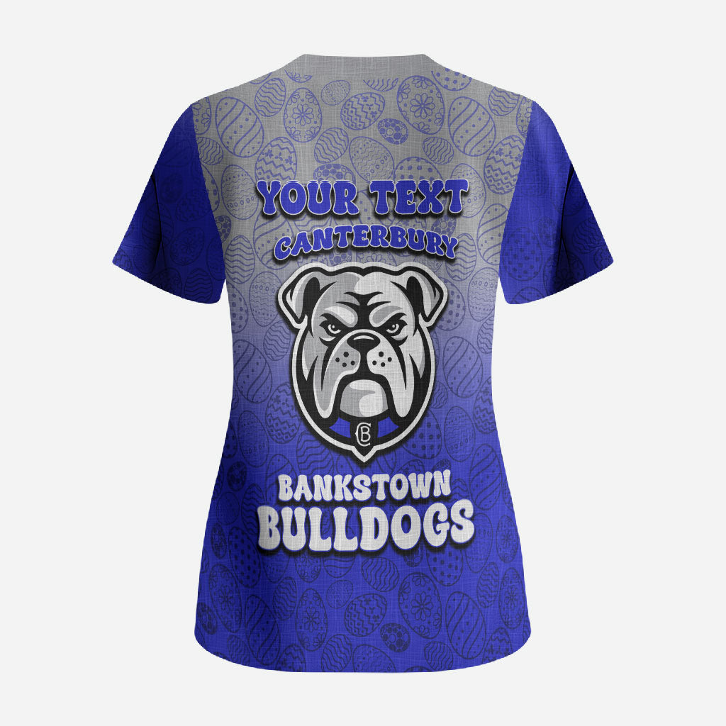 Personalized Canterbury-Bankstown Bulldogs Scrub Top Easter Mascot - Colorful Eggs Cartoon Style