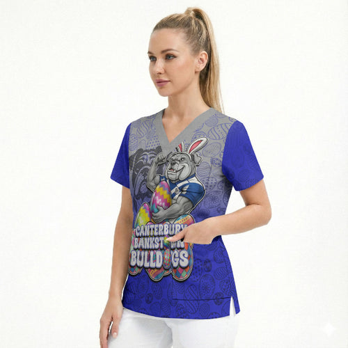 Personalized Canterbury-Bankstown Bulldogs Scrub Top Easter Mascot - Colorful Eggs Cartoon Style