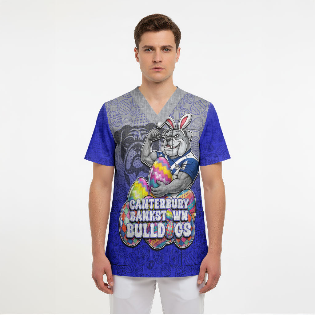 Personalized Canterbury-Bankstown Bulldogs Scrub Top Easter Mascot - Colorful Eggs Cartoon Style