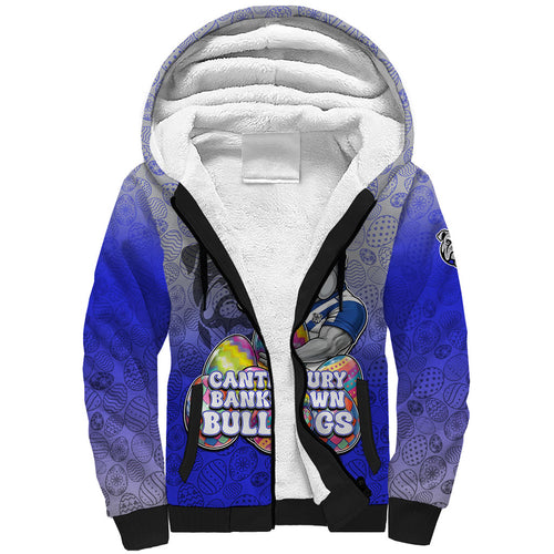 Personalized Canterbury-Bankstown Bulldogs Sherpa Hoodie Easter Mascot - Colorful Eggs Cartoon Style