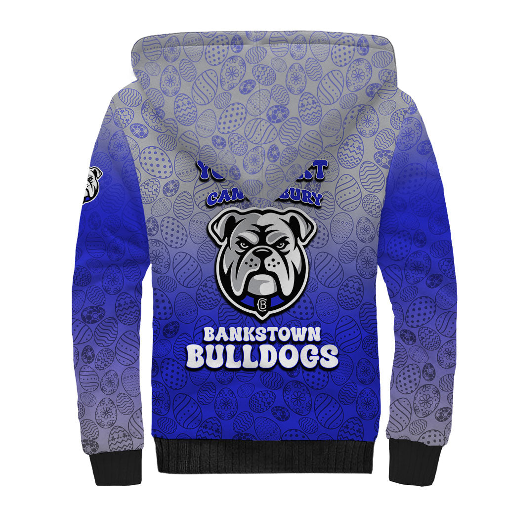Personalized Canterbury-Bankstown Bulldogs Sherpa Hoodie Easter Mascot - Colorful Eggs Cartoon Style