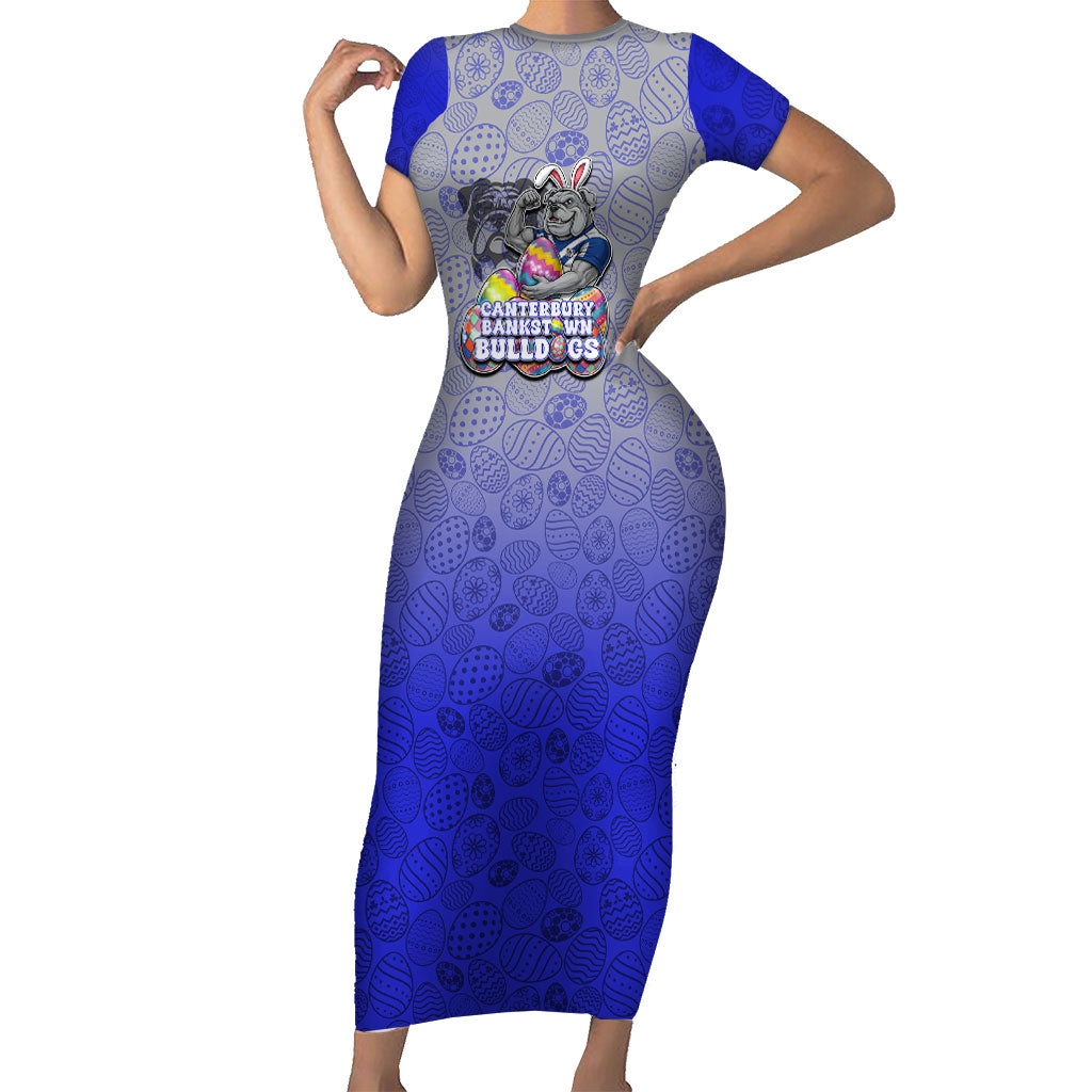 Personalized Canterbury-Bankstown Bulldogs Short Sleeve Bodycon Dress Easter Mascot - Colorful Eggs Cartoon Style