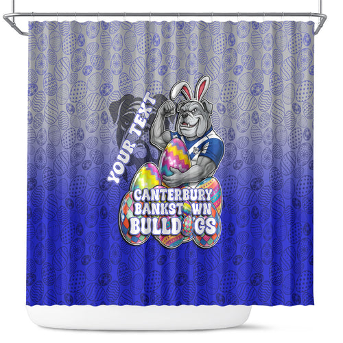 Personalized Canterbury-Bankstown Bulldogs Shower Curtain Easter Mascot - Colorful Eggs Cartoon Style