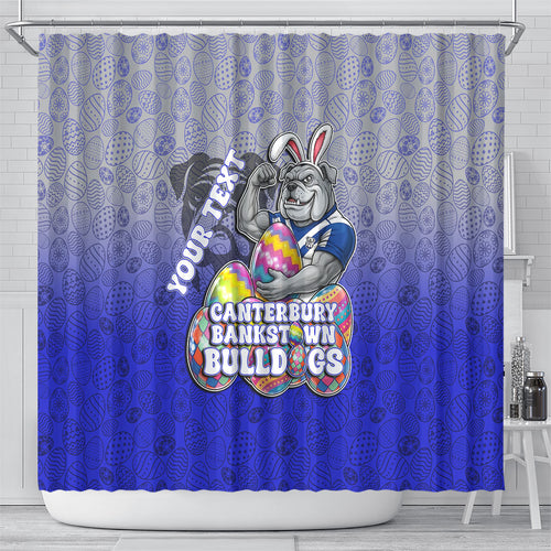 Personalized Canterbury-Bankstown Bulldogs Shower Curtain Easter Mascot - Colorful Eggs Cartoon Style