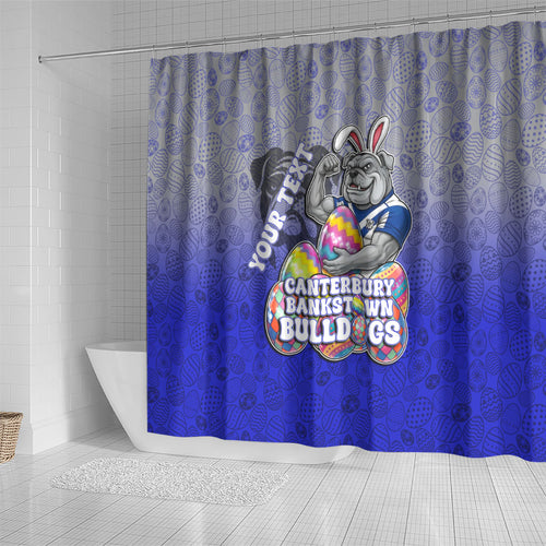 Personalized Canterbury-Bankstown Bulldogs Shower Curtain Easter Mascot - Colorful Eggs Cartoon Style