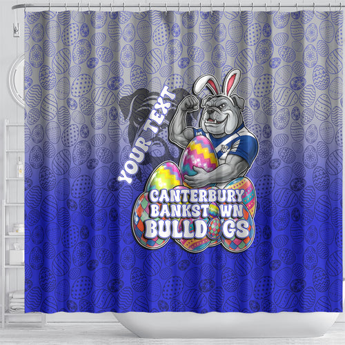 Personalized Canterbury-Bankstown Bulldogs Shower Curtain Easter Mascot - Colorful Eggs Cartoon Style