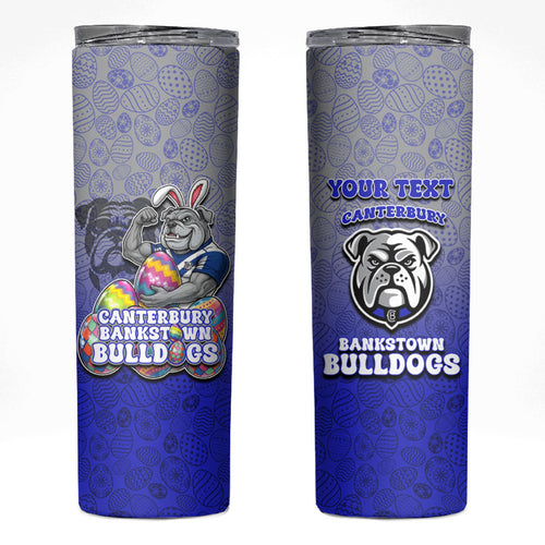 Personalized Canterbury-Bankstown Bulldogs Skinny Tumbler Easter Mascot - Colorful Eggs Cartoon Style