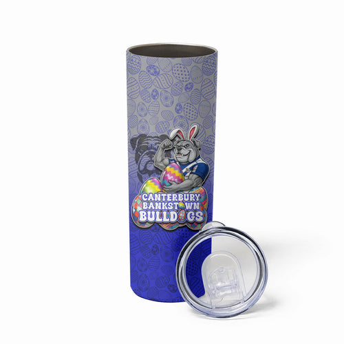 Personalized Canterbury-Bankstown Bulldogs Skinny Tumbler Easter Mascot - Colorful Eggs Cartoon Style