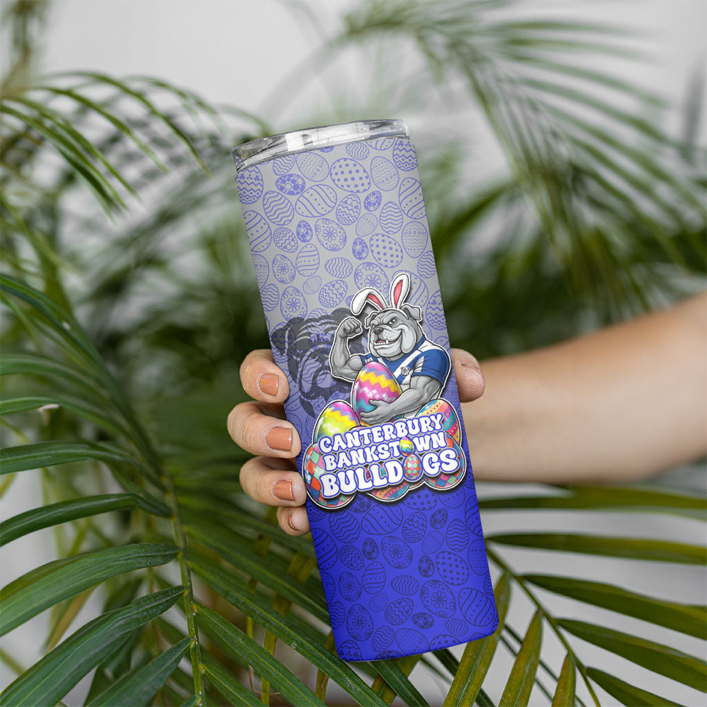 Personalized Canterbury-Bankstown Bulldogs Skinny Tumbler Easter Mascot - Colorful Eggs Cartoon Style