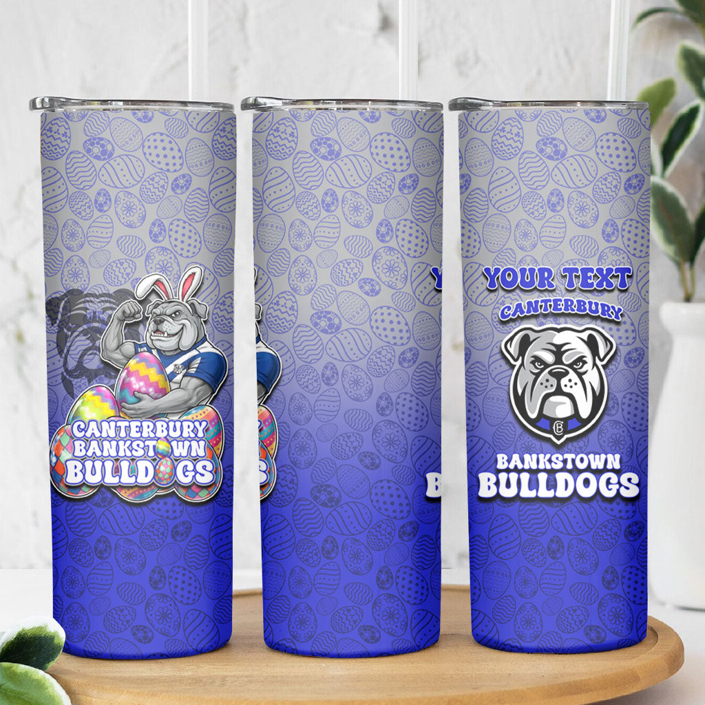 Personalized Canterbury-Bankstown Bulldogs Skinny Tumbler Easter Mascot - Colorful Eggs Cartoon Style