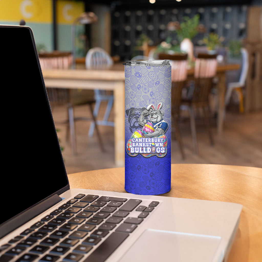 Personalized Canterbury-Bankstown Bulldogs Skinny Tumbler Easter Mascot - Colorful Eggs Cartoon Style