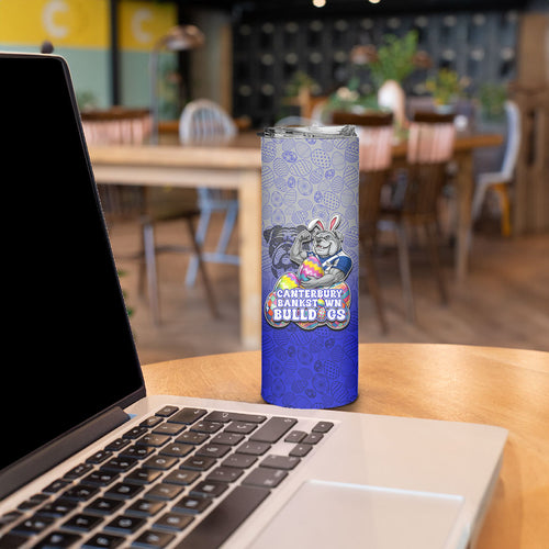 Personalized Canterbury-Bankstown Bulldogs Skinny Tumbler Easter Mascot - Colorful Eggs Cartoon Style