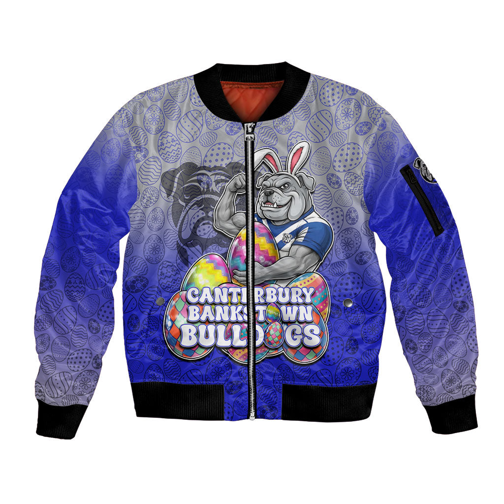 Personalized Canterbury-Bankstown Bulldogs Sleeve Zip Bomber Jacket Easter Mascot - Colorful Eggs Cartoon Style