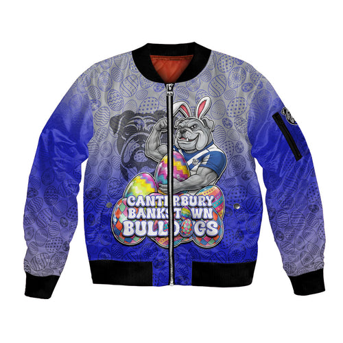 Personalized Canterbury-Bankstown Bulldogs Sleeve Zip Bomber Jacket Easter Mascot - Colorful Eggs Cartoon Style