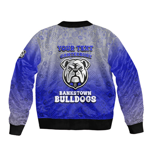 Personalized Canterbury-Bankstown Bulldogs Sleeve Zip Bomber Jacket Easter Mascot - Colorful Eggs Cartoon Style