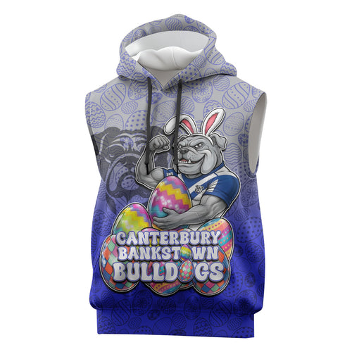 Personalized Canterbury-Bankstown Bulldogs Sleeveless Hoodie Easter Mascot - Colorful Eggs Cartoon Style