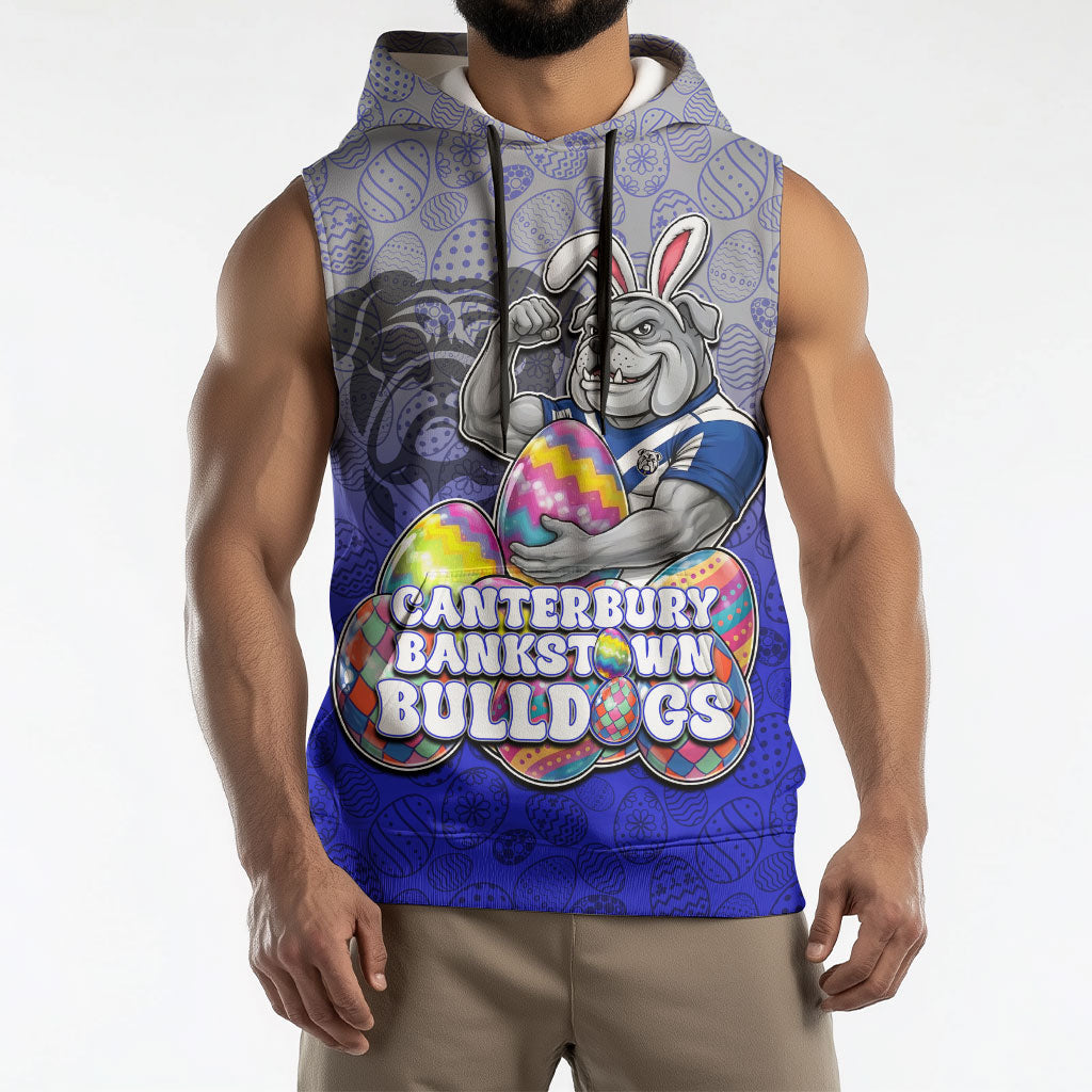 Personalized Canterbury-Bankstown Bulldogs Sleeveless Hoodie Easter Mascot - Colorful Eggs Cartoon Style