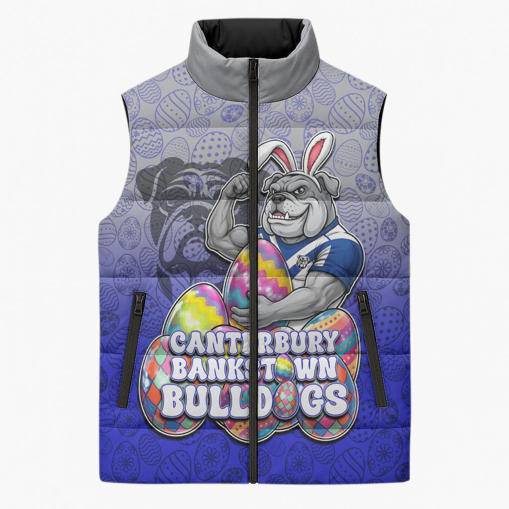 Personalized Canterbury-Bankstown Bulldogs Sleeveless Puffer Jacket Easter Mascot - Colorful Eggs Cartoon Style