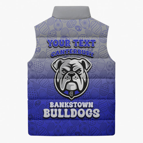 Personalized Canterbury-Bankstown Bulldogs Sleeveless Puffer Jacket Easter Mascot - Colorful Eggs Cartoon Style