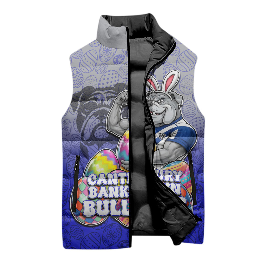 Personalized Canterbury-Bankstown Bulldogs Sleeveless Puffer Jacket Easter Mascot - Colorful Eggs Cartoon Style