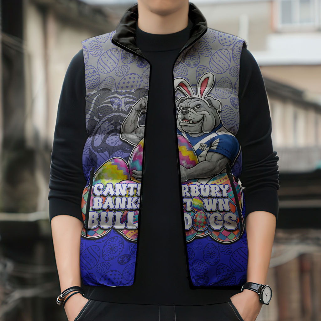 Personalized Canterbury-Bankstown Bulldogs Sleeveless Puffer Jacket Easter Mascot - Colorful Eggs Cartoon Style