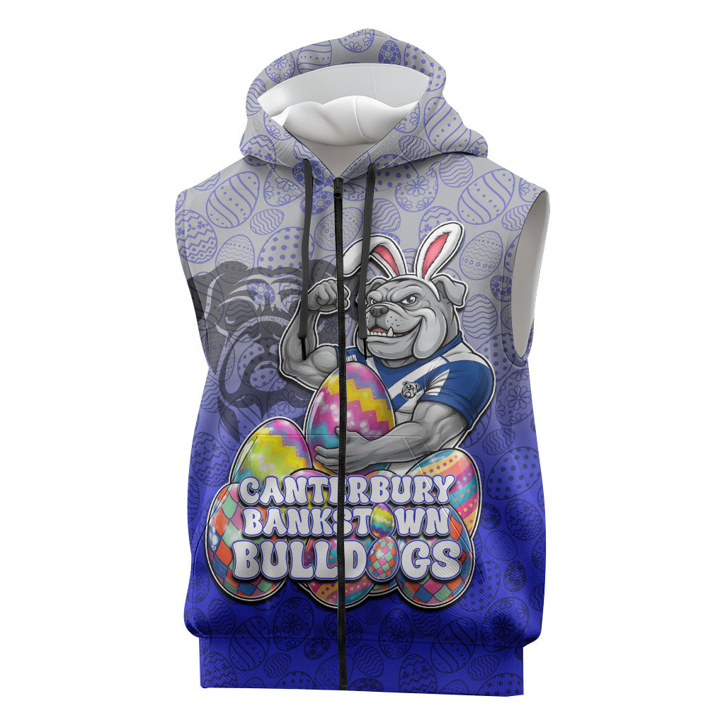 Personalized Canterbury-Bankstown Bulldogs Sleeveless Zip Hoodie Easter Mascot - Colorful Eggs Cartoon Style