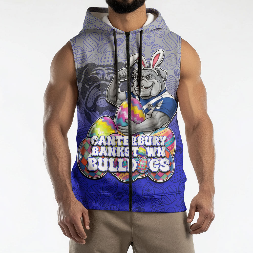 Personalized Canterbury-Bankstown Bulldogs Sleeveless Zip Hoodie Easter Mascot - Colorful Eggs Cartoon Style
