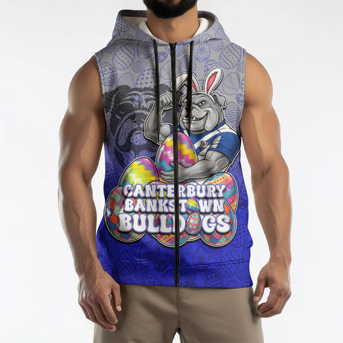 Personalized Canterbury-Bankstown Bulldogs Sleeveless Zip Hoodie Easter Mascot - Colorful Eggs Cartoon Style