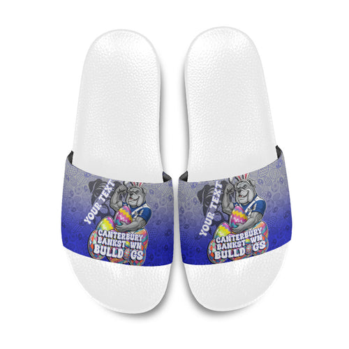 Personalized Canterbury-Bankstown Bulldogs Slide Sandals Easter Mascot - Colorful Eggs Cartoon Style